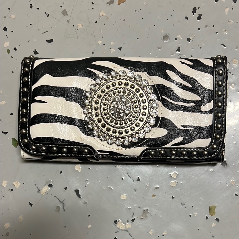 Zebra Print Clutch with Rhinestone Embellishment